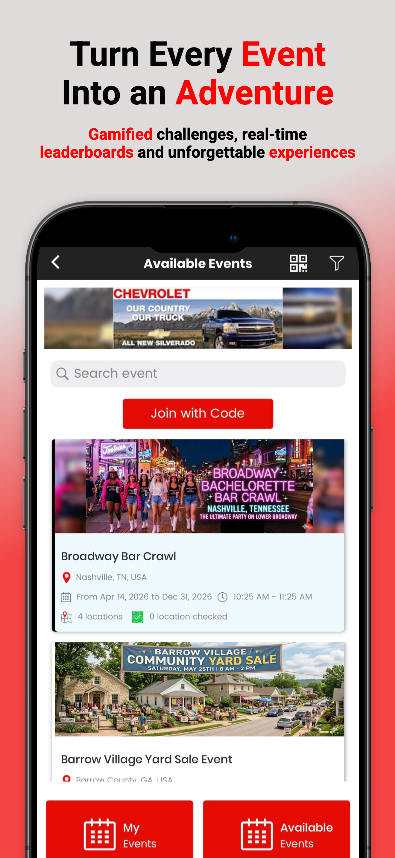 WayHopper app showing available events to join